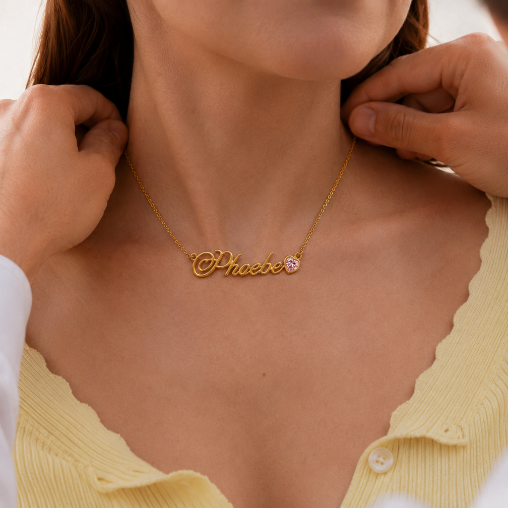 Name Necklace With Heart Stone